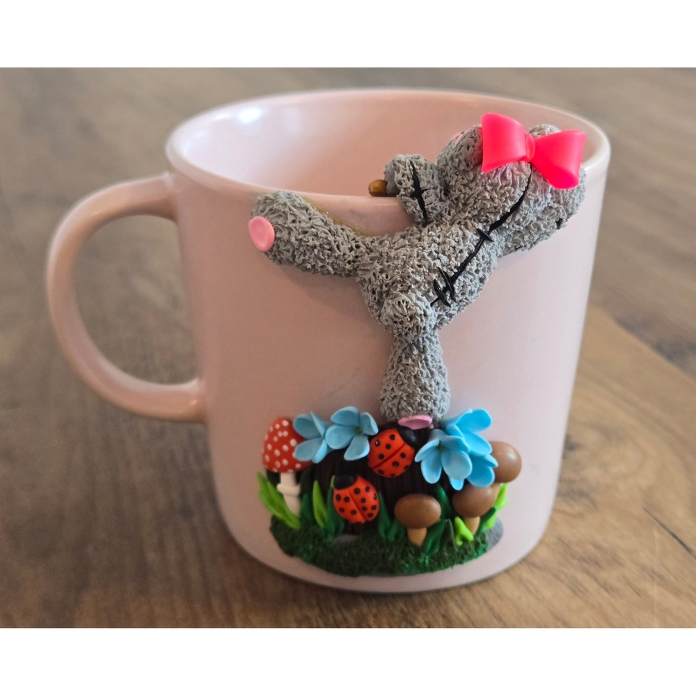 Handmade 3D Polymer Clay Teddy Bear Pink Ceramic Mug Ladybug Mushroom Garden Art